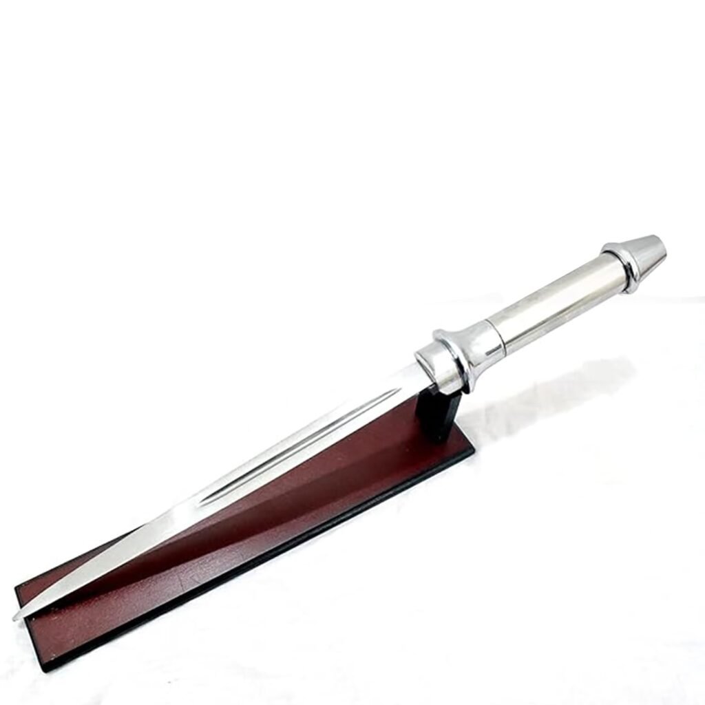 A high-polished silver Angel Blade replica with a unique triple-edged triangular design, inspired by the Supernatural series. The blade features a sleek metallic handle and is professionally displayed on a dark reddish-brown wooden stand over a clean white background.