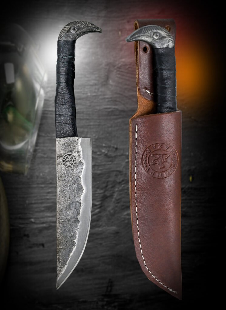 BUMPY BAZAR Raven hilt head Norse Viking-styled Knife 10.3" - Hand Forged 6.5" Carbon Steel Blade - unique anti slip leather handle grip