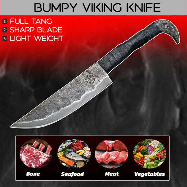 BUMPY BAZAR Raven hilt head Norse Viking-styled Knife 10.3" - Hand Forged 6.5" Carbon Steel Blade - unique anti slip leather handle grip - Image 2