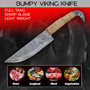 Hand Forged Viking Raven Head Seax Knife | Carbon Steel Blade, Rustic Outdoor Cooking Slicer