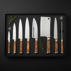 8 pieces personalised J2 Steel Kitchen Knife Set – Rose Wood Handles - gift for him