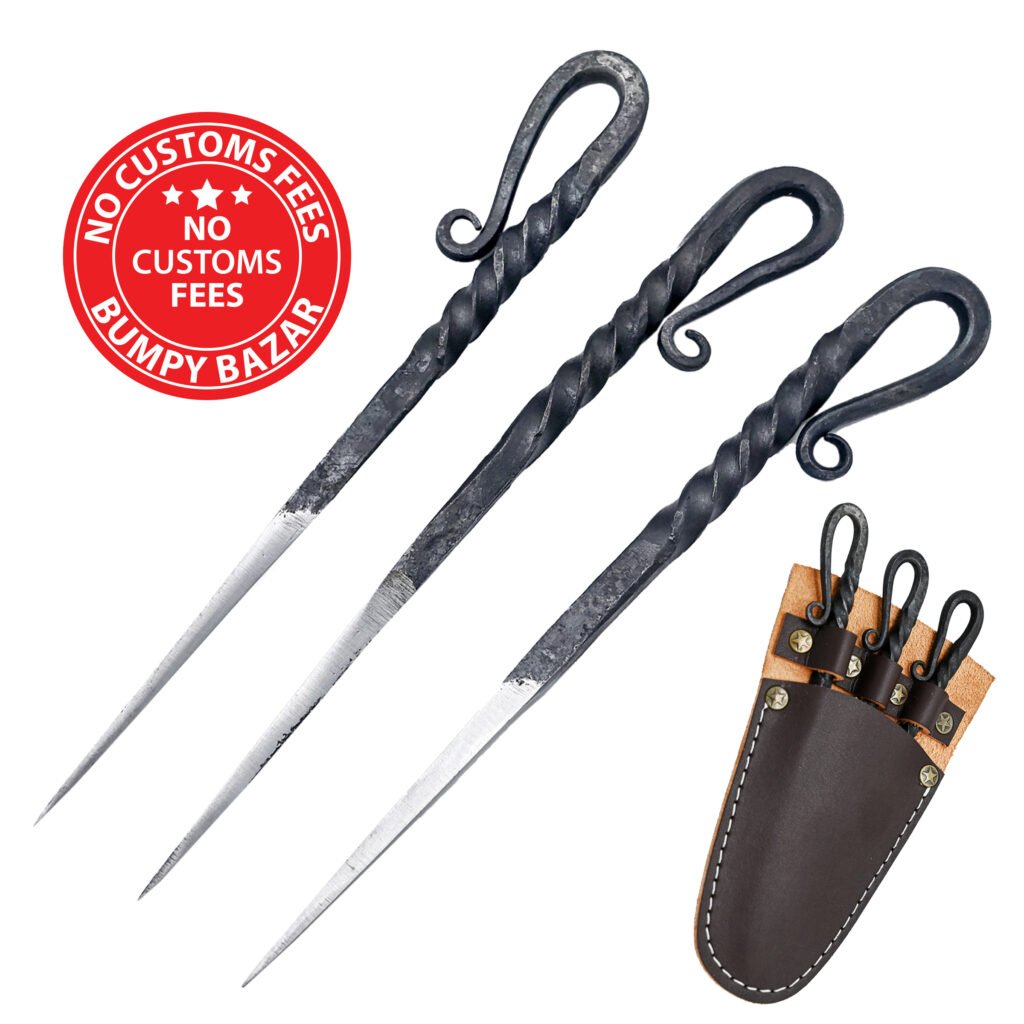 Hand Forged Twisted Metal Spikes with Custom Leather Sheath | Blacksmith Grill Tool Set