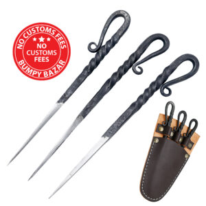 Hand Forged Twisted Metal Spikes with Custom Leather Sheath | Blacksmith Grill Tool Set