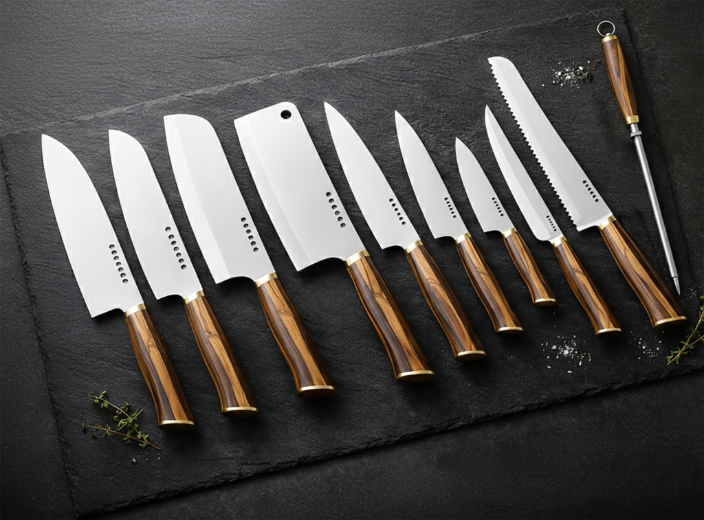 10 pieces Hand Forged J2 Steel Kitchen Knife Set – Olive Wood Handles, Leather Roll