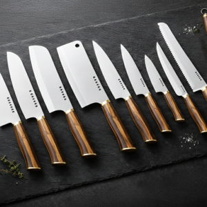 10 pieces Hand Forged J2 Steel Kitchen Knife Set – Olive Wood Handles, Leather Roll