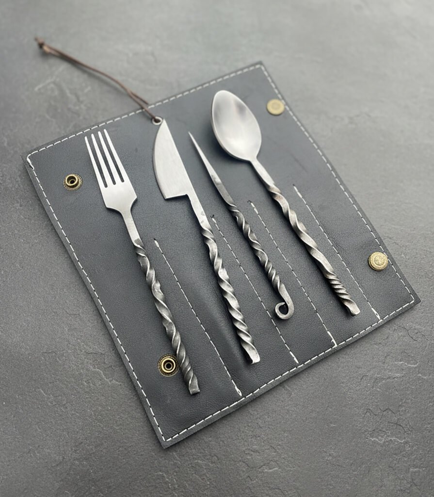 Hand Forged Carbon Steel Viking Cutlery Set | Medieval Feast Ware with carry case