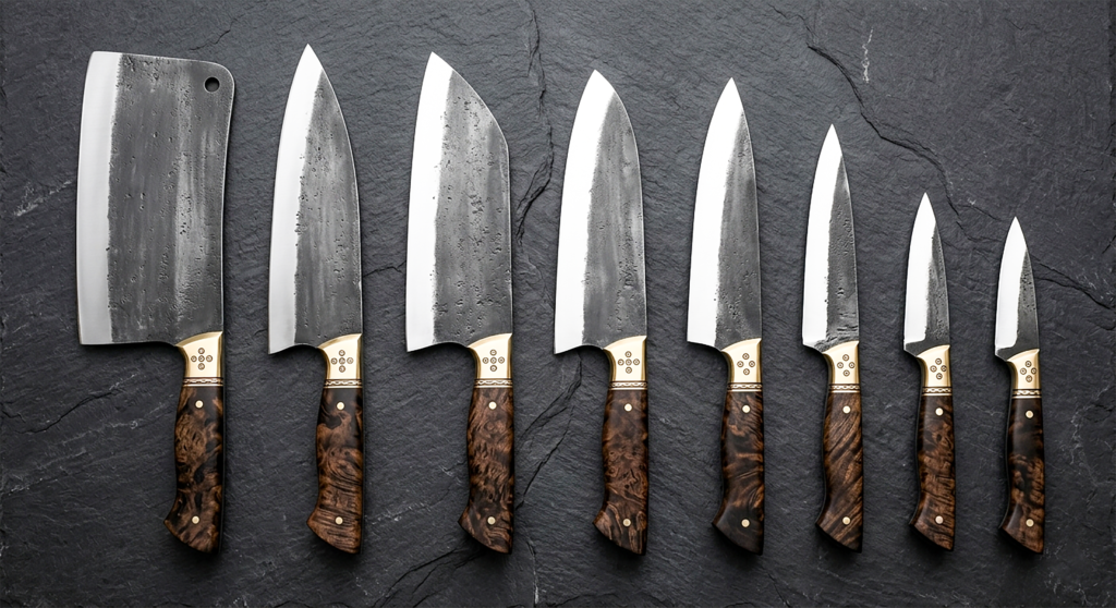 8pc Hand Forged Rail Track Steel Knife Set - Custom Kitchen Knives with Leather Sheaths