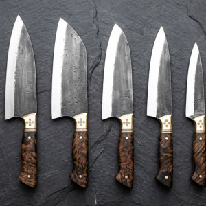 8pc Hand Forged Rail Track Steel Knife Set - Custom Kitchen Knives with Leather Sheaths