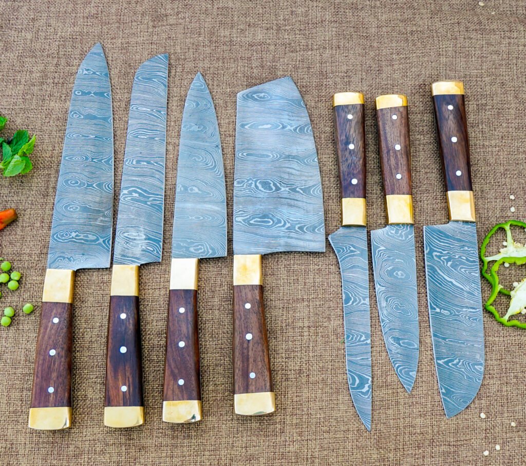 Handmade Damascus Steel 7 pieces Chef Knife Set - Professional Culinary knives with leather sheath