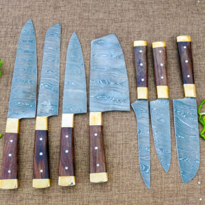 Handmade Damascus Steel 7 pieces Chef Knife Set - Professional Culinary knives with leather sheath