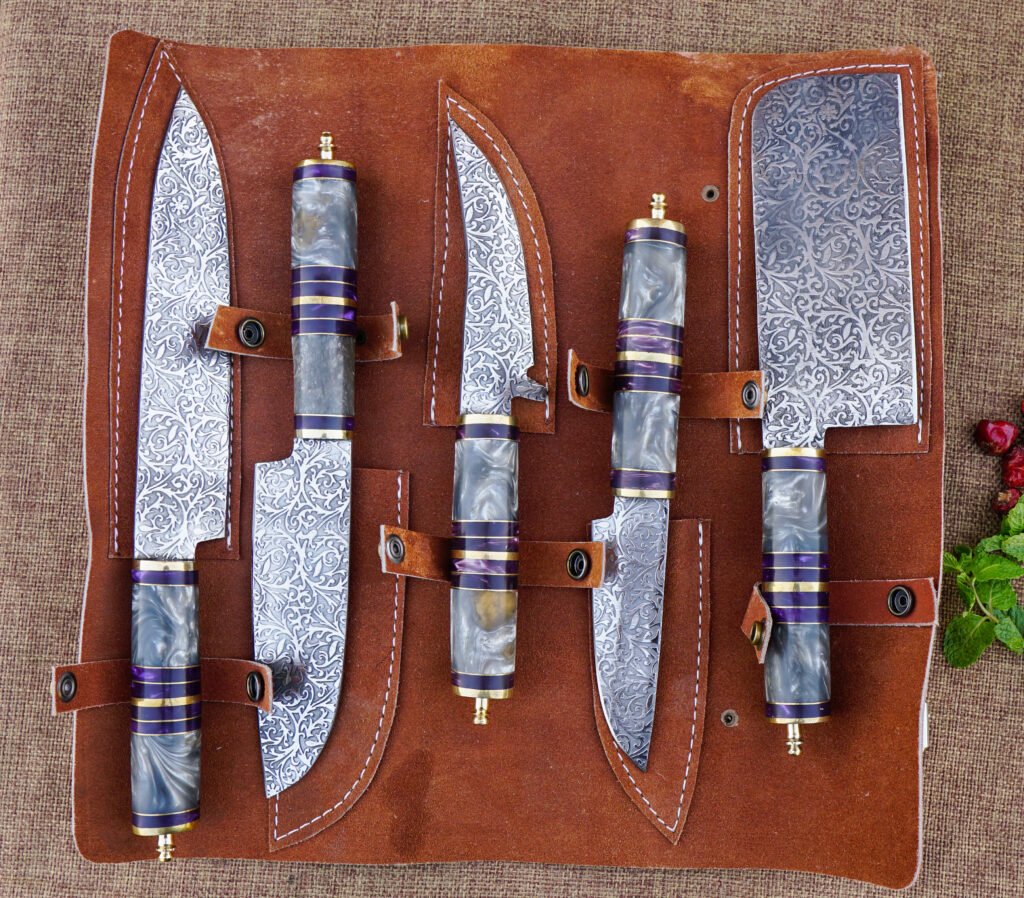 Handmade Engraved Chef Knife Set J2 Steel - Anniversary Gift for Husband