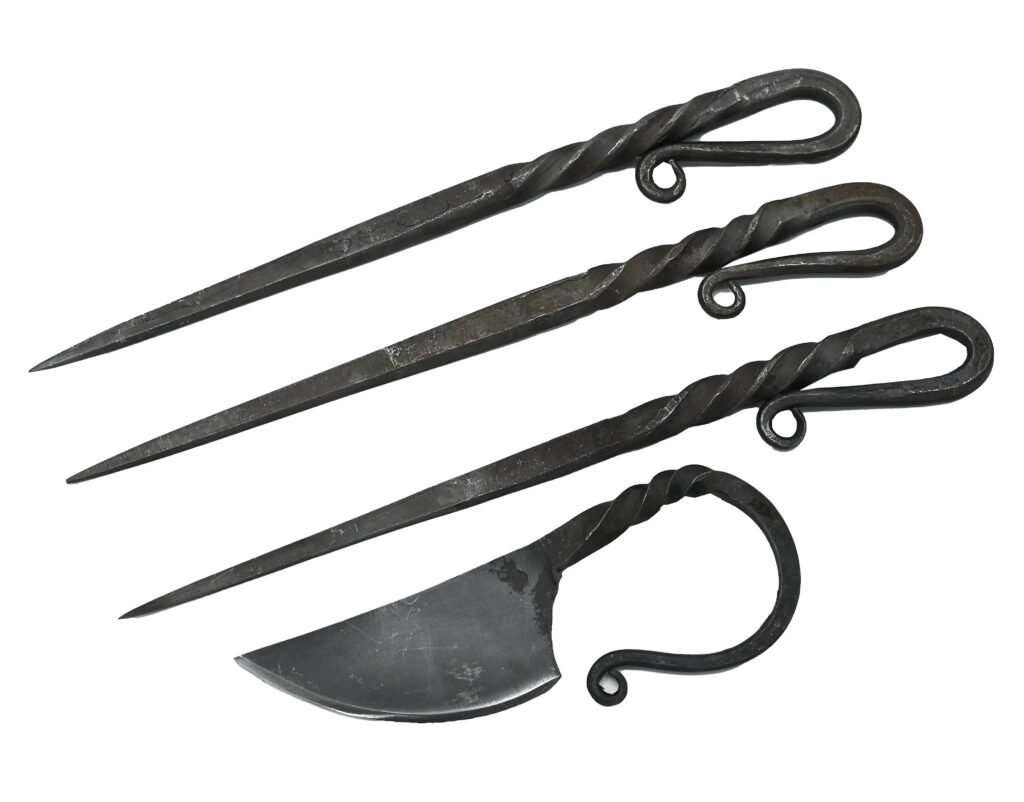 Hand Forged Twisted Metal Spikes with Custom Leather Sheath | Blacksmith Grill Tool Set