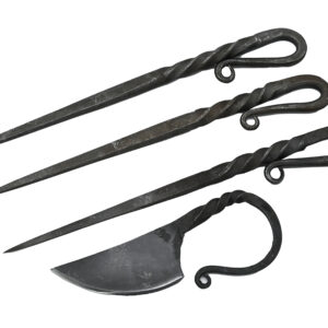 Hand Forged Twisted Metal Spikes with Custom Leather Sheath | Blacksmith Grill Tool Set