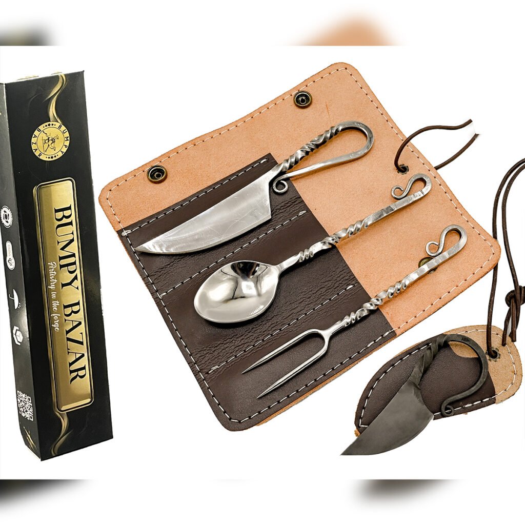 Hand Forged Viking Cutlery Set: Stainless Steel Medieval Dinnerware with Leather Bag
