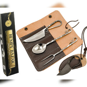 Hand Forged Viking Cutlery Set: Stainless Steel Medieval Dinnerware with Leather Bag