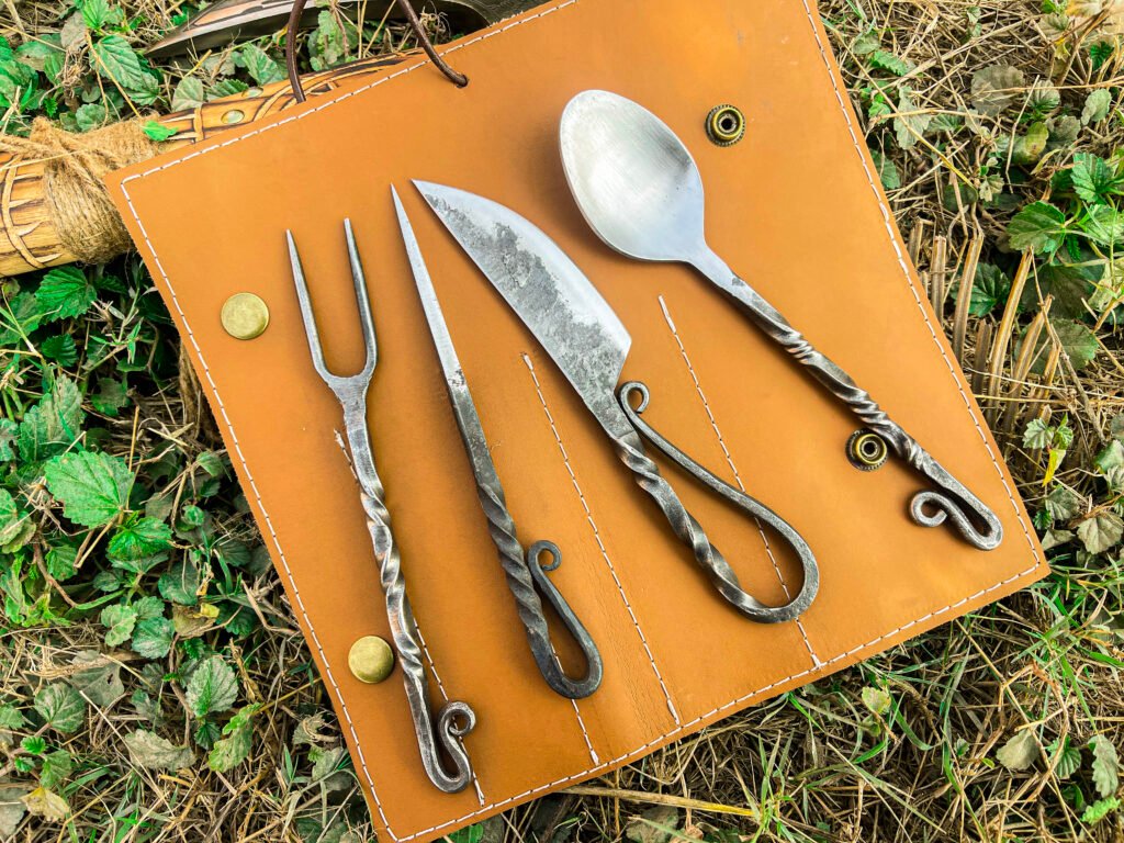 Hand Forged Carbon Steel Viking Cutlery Set | Medieval Feast Ware with carry case