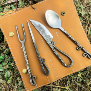 Hand Forged Carbon Steel Viking Cutlery Set | Medieval Feast Ware with carry case