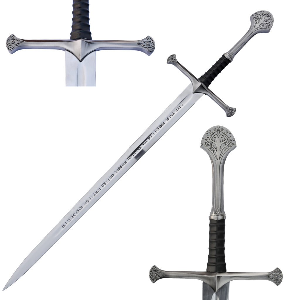 Main Image: 41-inch stainless steel fantasy longsword with runic engravings on the blade and a leather-wrapped grip. Hilt Detail: Close-up of a silver-toned sword crossguard and pommel featuring intricate elven-style tree engravings. Full Set: Handmade medieval sword shown with its black leather-style scabbard and a wooden display stand for wall mounting.