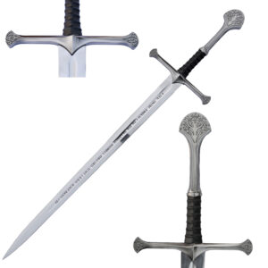 Main Image: 41-inch stainless steel fantasy longsword with runic engravings on the blade and a leather-wrapped grip. Hilt Detail: Close-up of a silver-toned sword crossguard and pommel featuring intricate elven-style tree engravings. Full Set: Handmade medieval sword shown with its black leather-style scabbard and a wooden display stand for wall mounting.