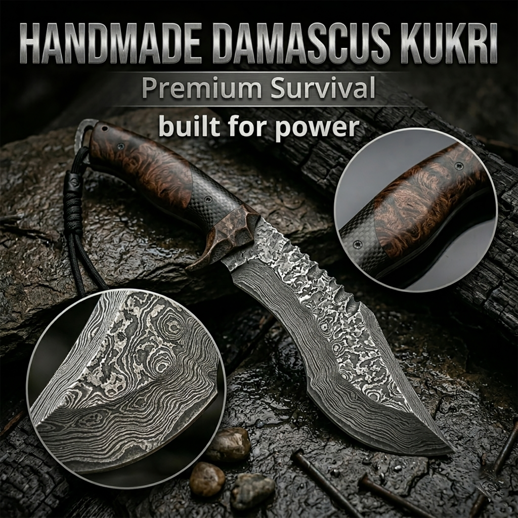 12.5" Heavy Duty Damascus Steel Tracker Knife -Handmade Full Tang Fixed Blade - Hybrid Rosewood & Micarta Grip with Brass Guard