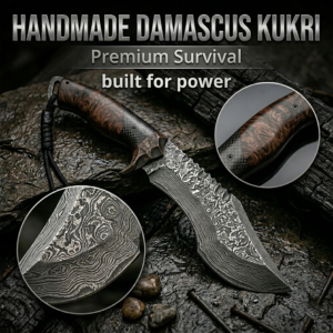 12.5" Heavy Duty Damascus Steel Tracker Knife -Handmade Full Tang Fixed Blade - Hybrid Rosewood & Micarta Grip with Brass Guard