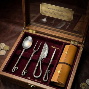 Close-up of a luxury handcrafted walnut gift box for a Viking cutlery set. Held by an elegant female model, the box shows a custom brass engraving plate for personalized names or brand logos. Handforged medieval dining set packaging by Bumpy Bazar