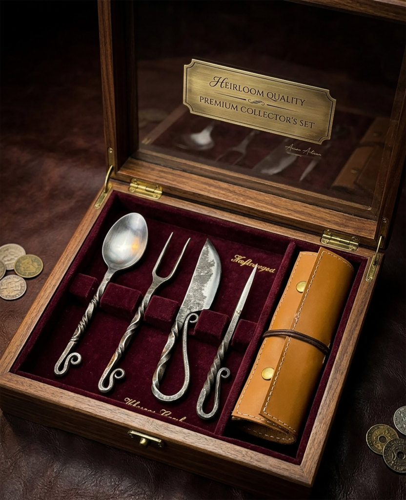 Close-up of a luxury handcrafted walnut gift box for a Viking cutlery set. Held by an elegant female model, the box shows a custom brass engraving plate for personalized names or brand logos. Handforged medieval dining set packaging by Bumpy Bazar