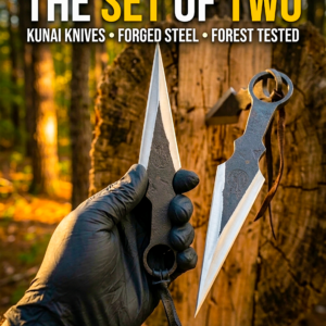 A hand wearing a black textured glove holds a dark, forged steel kunai, or throwing tool, by its handle. A second, identical kunai is embedded in a rustic tree stump target in the background, with the ring handle visible and a leather thong attached. Bold white and yellow text is superimposed above them, reading, "THE SET OF TWO KUNAI KNIVES • FORGED STEEL • FOREST TESTED," with small icons next to the words. The background is a forest during sunset, with out-of-focus trees and sunlight streaming through.by bumpy bazar