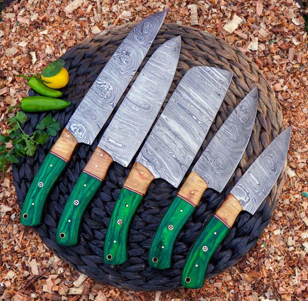 Handmade Damascus Steel Kitchen Knife Set-5 pieces pakka wood handle cooking knife set