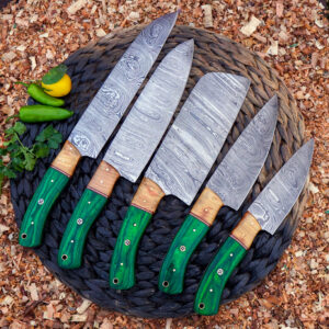Handmade Damascus Steel Kitchen Knife Set-5 pieces pakka wood handle cooking knife set