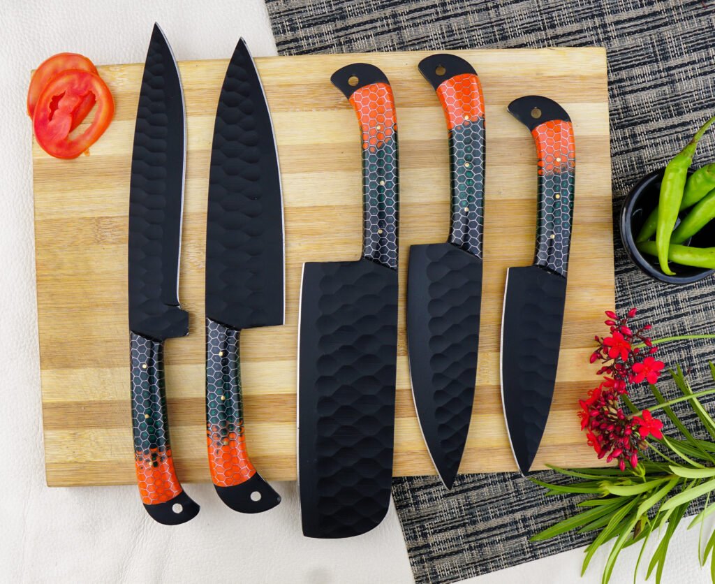 Personalized 5-Piece Stainless Steel Chef Knife Set , Honeycomb Resin Handle with leather case