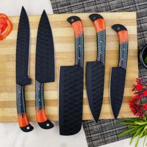 Personalized 5-Piece Stainless Steel Chef Knife Set , Honeycomb Resin Handle with leather case