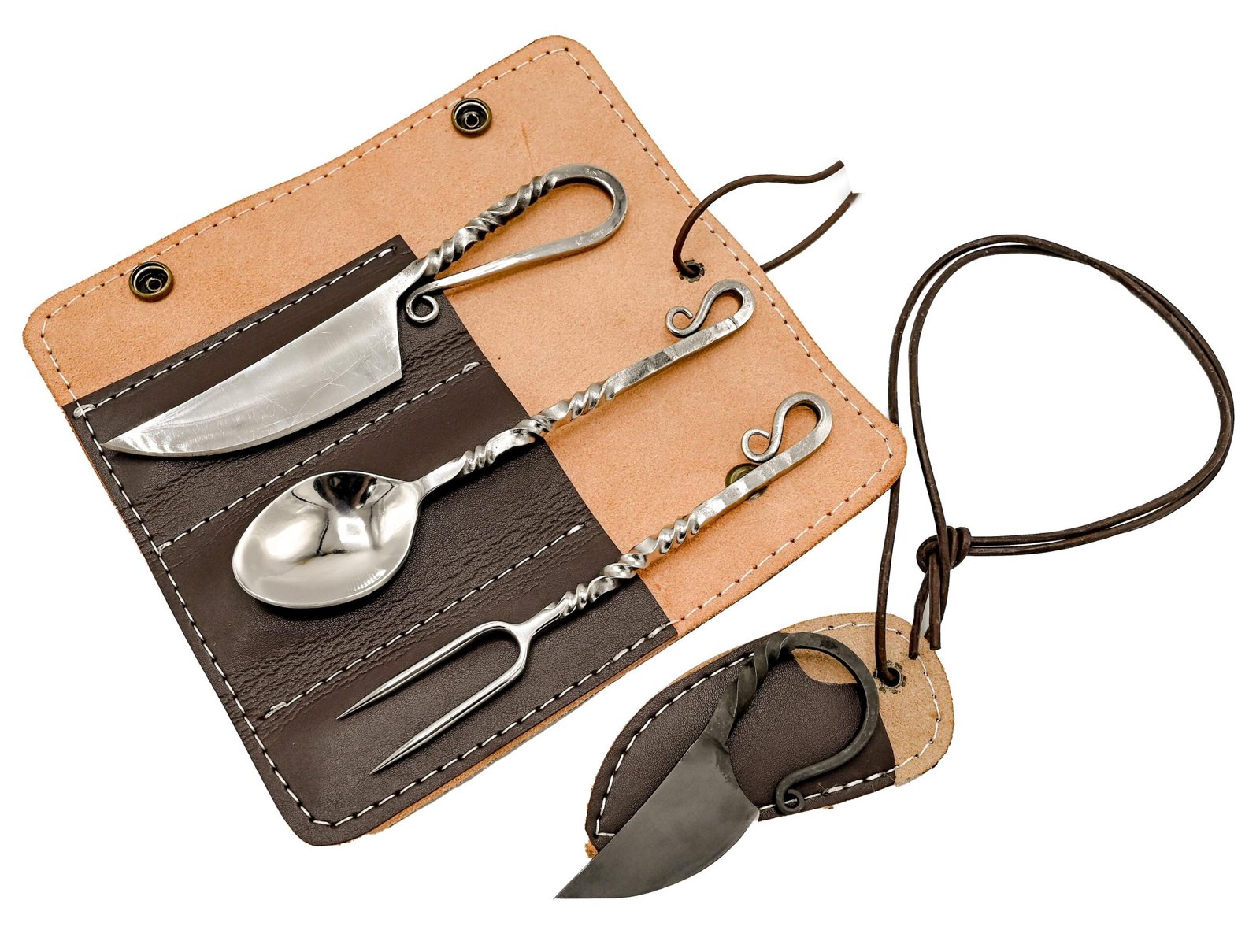 Hand Forged Medieval Cutlery Set with Leather Pouch - 13th birthday gift