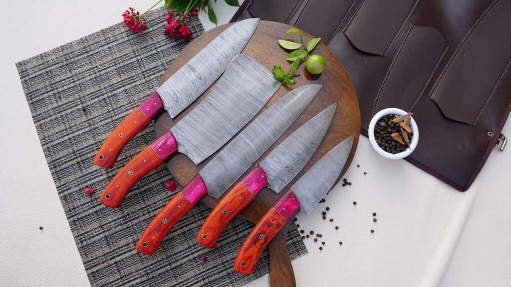 Hand forged 5-Piece Damascus Chef Set with leather bag - gift for her