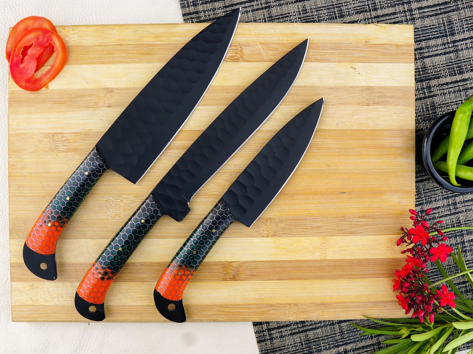 Personalized 5-Piece Stainless Steel Chef Knife Set , Honeycomb Resin Handle with leather case