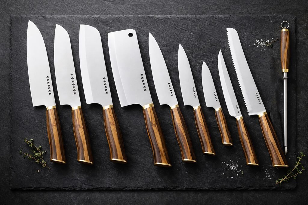 10 pieces Hand Forged J2 Steel Kitchen Knife Set – Olive Wood Handles, Leather Roll