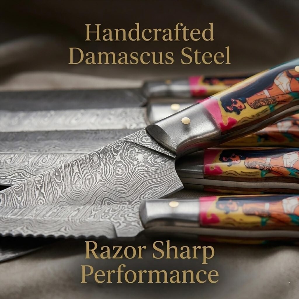 Hand forged 6-Piece Damascus Chef Knife Set with Pin-Up Girl Resin Handle - Tattoo Art Chef Gift